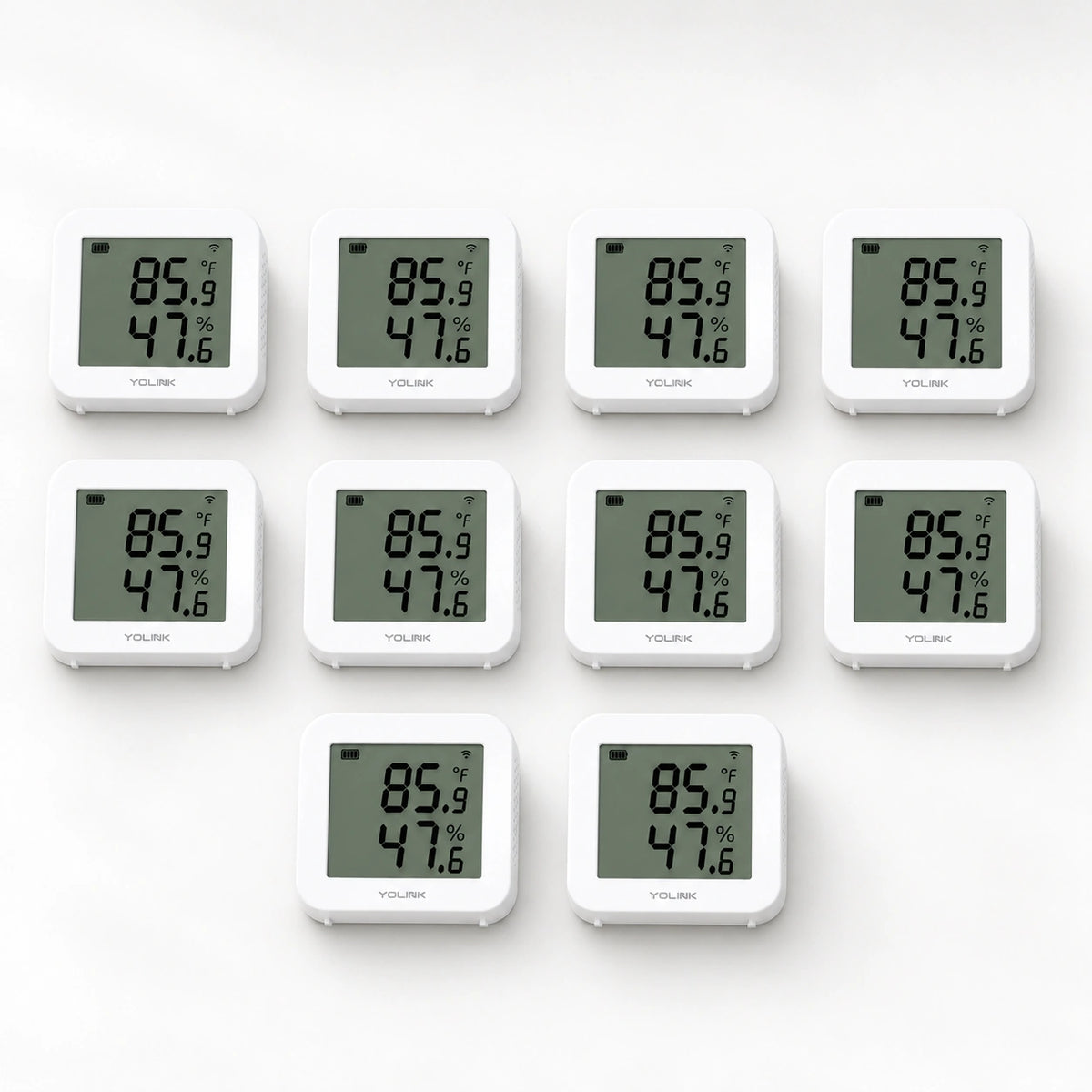 YoLink X3 Temperature & Humidity Sensor, 10-Pack — product-only photograph on smooth neutral off-white with soft diffused daylight shadows