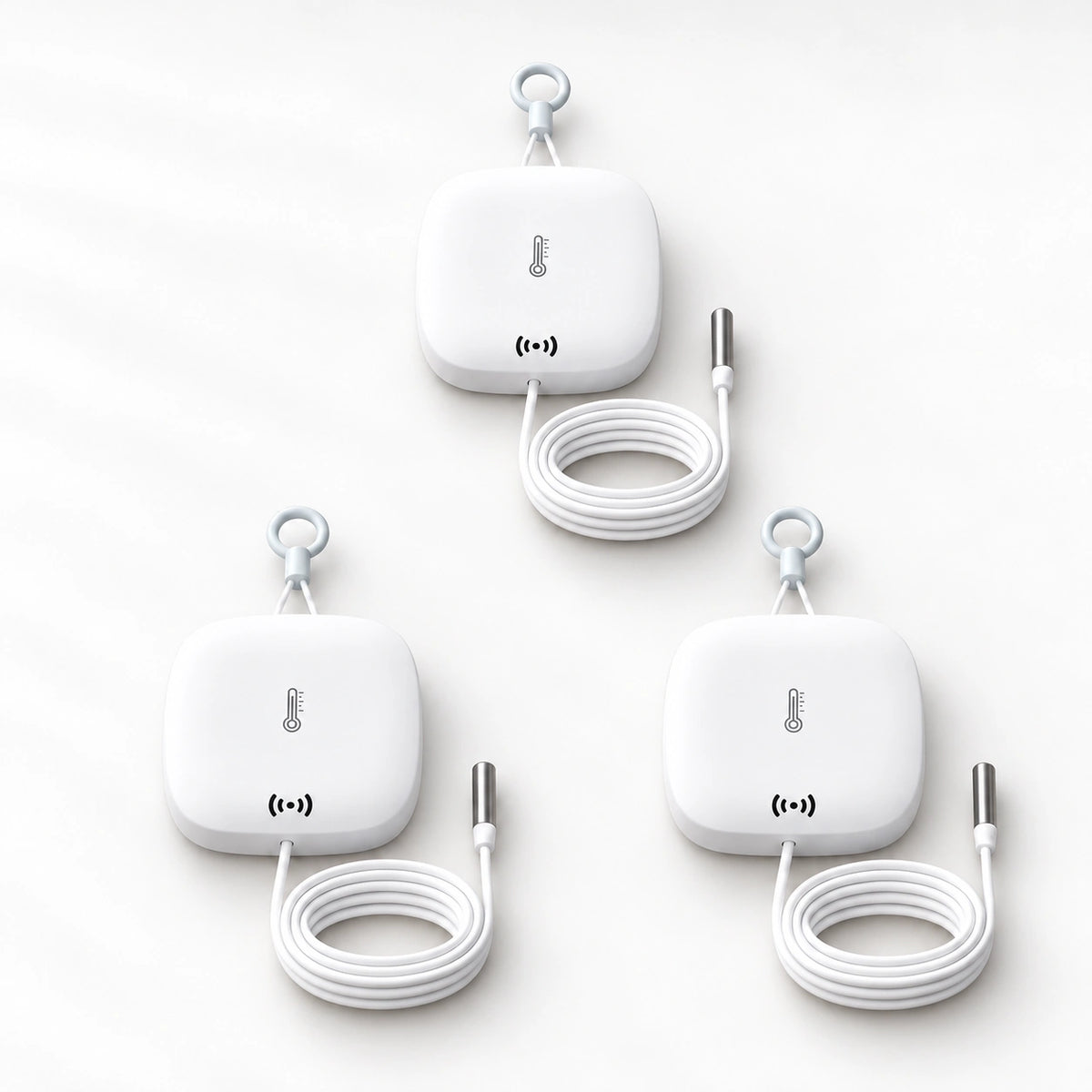 YoLink Weatherproof Temperature Sensor with Probe, 3-Pack — product-only photograph on smooth neutral off-white with soft diffused daylight shadows