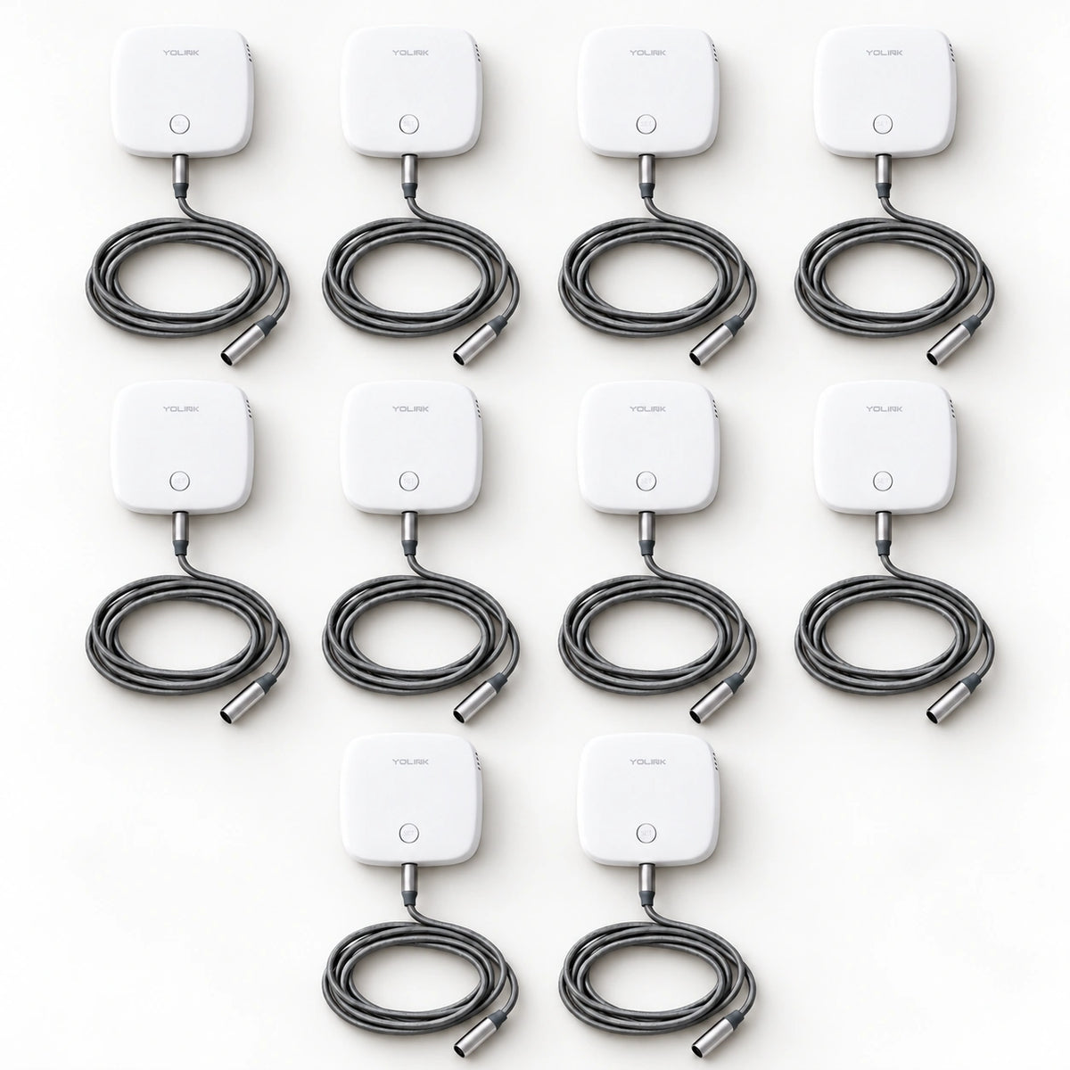 YoLink Water Leak Sensor 2, 10-Pack — product-only photograph on smooth neutral off-white with soft diffused daylight shadows