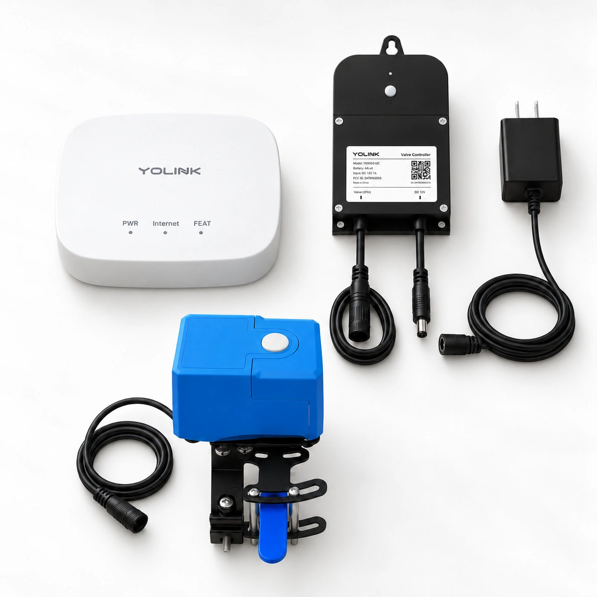 YoLink Valve Controller 2 Kit with Bulldog Valve Robot — product-only photograph on smooth neutral off-white with soft diffused daylight shadows