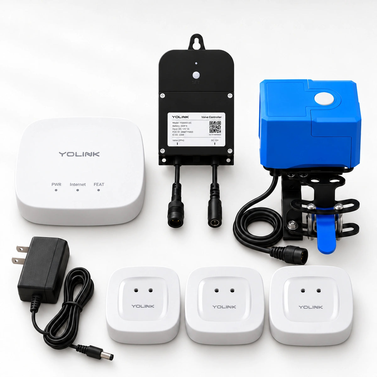 YoLink Valve Controller 2 Kit with Bulldog Valve Robot — product-only photograph on smooth neutral off-white with soft diffused daylight shadows