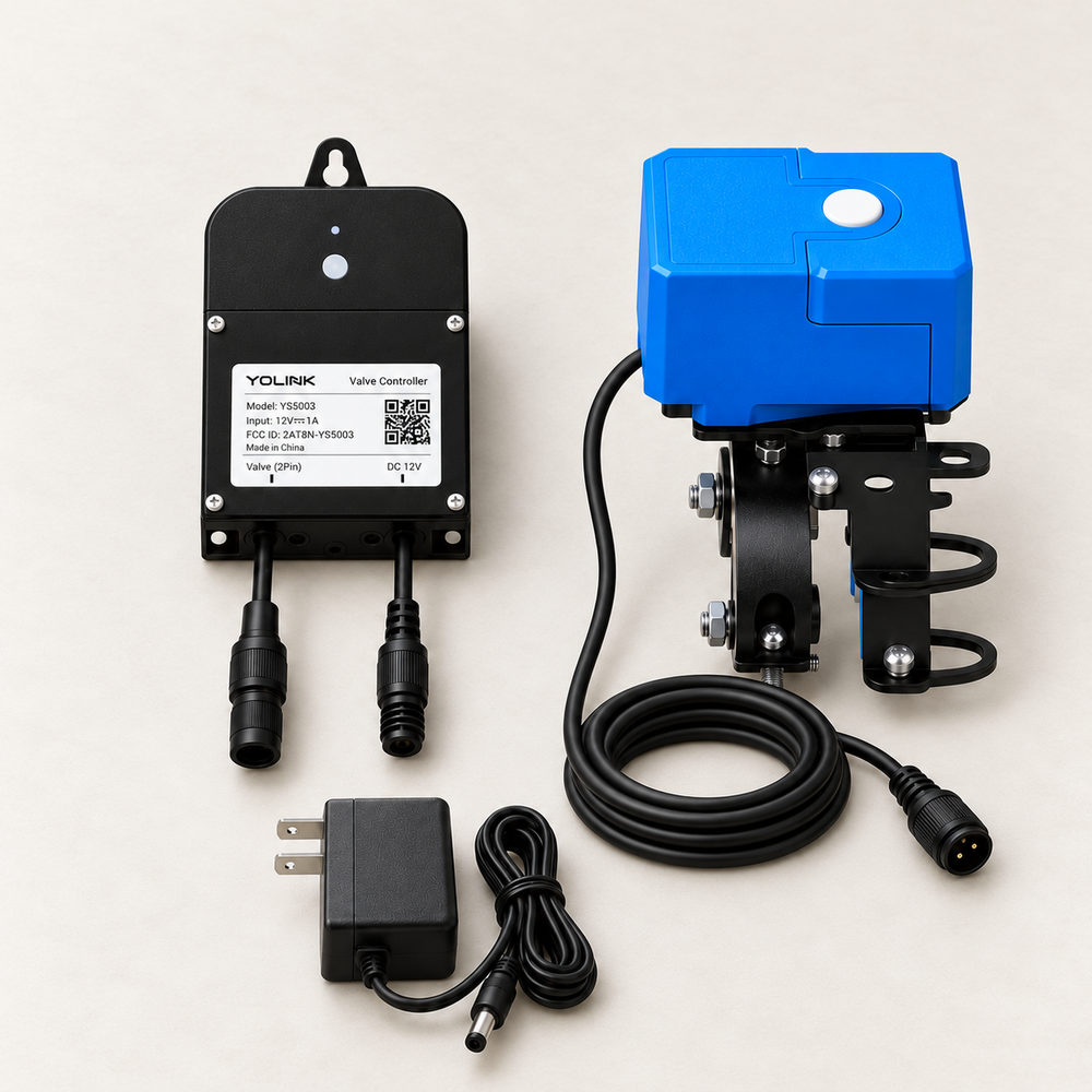 YoLink Valve Controller 2 Kit with Bulldog Valve Robot — arranged main components