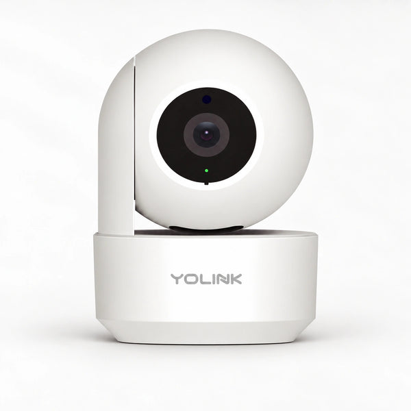 YoLink Uno Wi-Fi Camera — product-only photograph on smooth neutral off-white with soft diffused daylight shadows