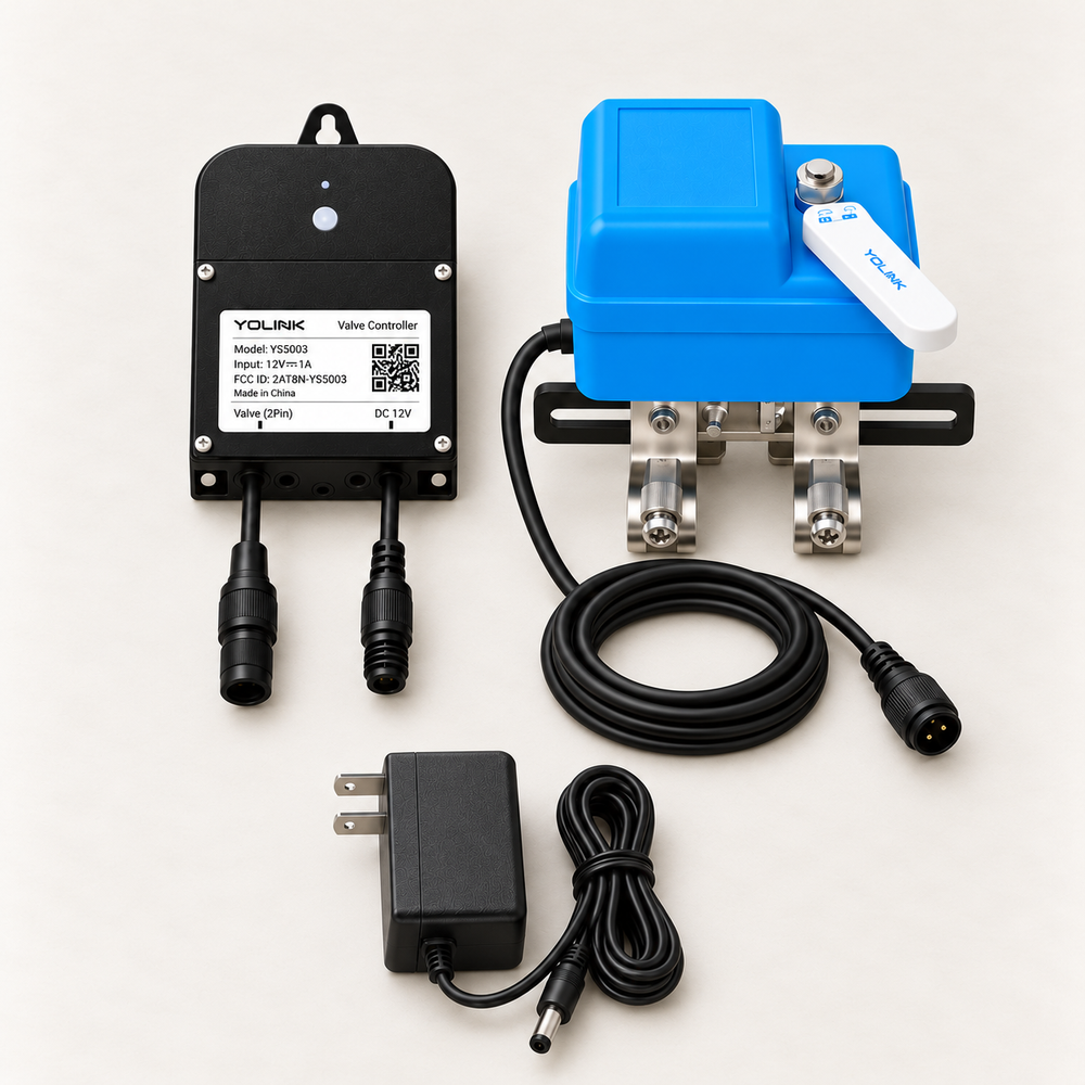YoLink Valve Controller 2 Kit with EVO Valve Operator in a residential plumbing setting