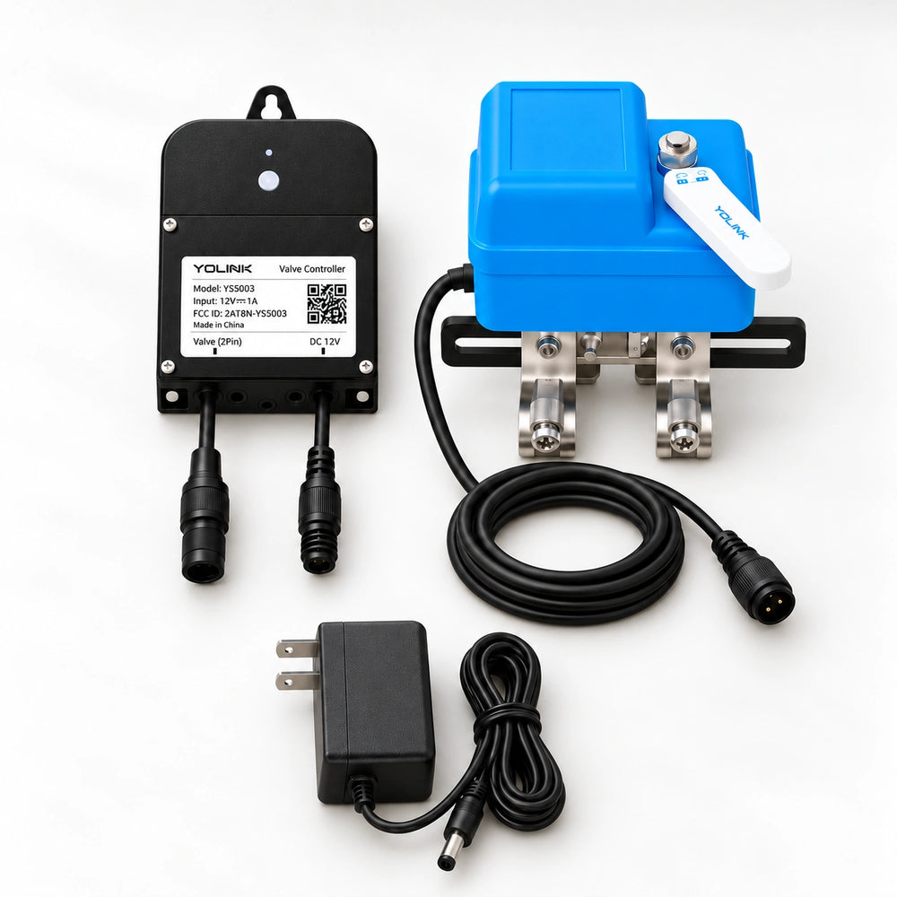 YoLink Valve Controller 2 Kit with EVO Valve Operator — arranged main components