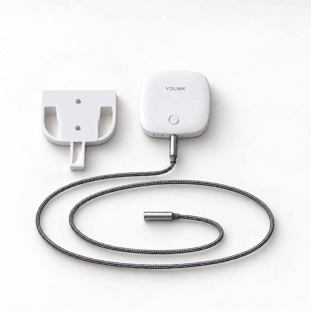 YoLink Water Leak Sensor 2 Kit with Ruggedized Mounting Bracket — arranged main components