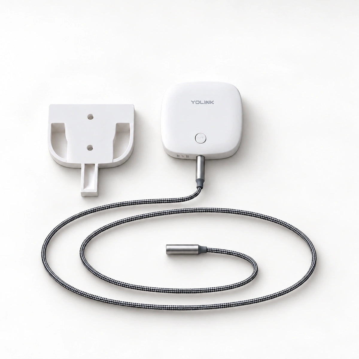 YoLink Water Leak Sensor 2 Kit with Ruggedized Mounting Bracket — product-only photograph on smooth neutral off-white with soft diffused daylight shadows