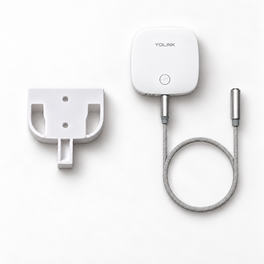 YoLink Water Leak Sensor 2 Kit with Ruggedized Mounting Bracket — arranged main components