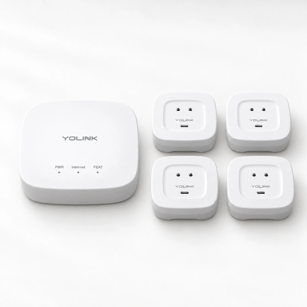 YoLink Water Leak Sensor 4 Starter Kit — Hub + 4 Sensors — arranged main components