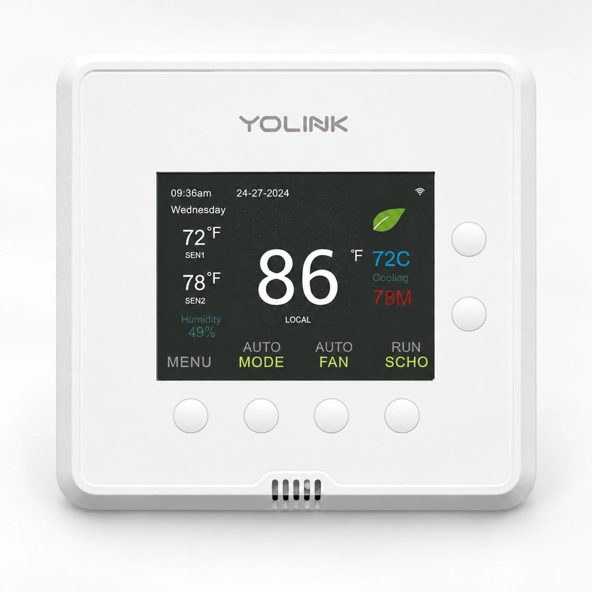 YoLink Thermostat 2, Dual-Stage Heat & Cool — product-only photograph on smooth neutral off-white with soft diffused daylight shadows