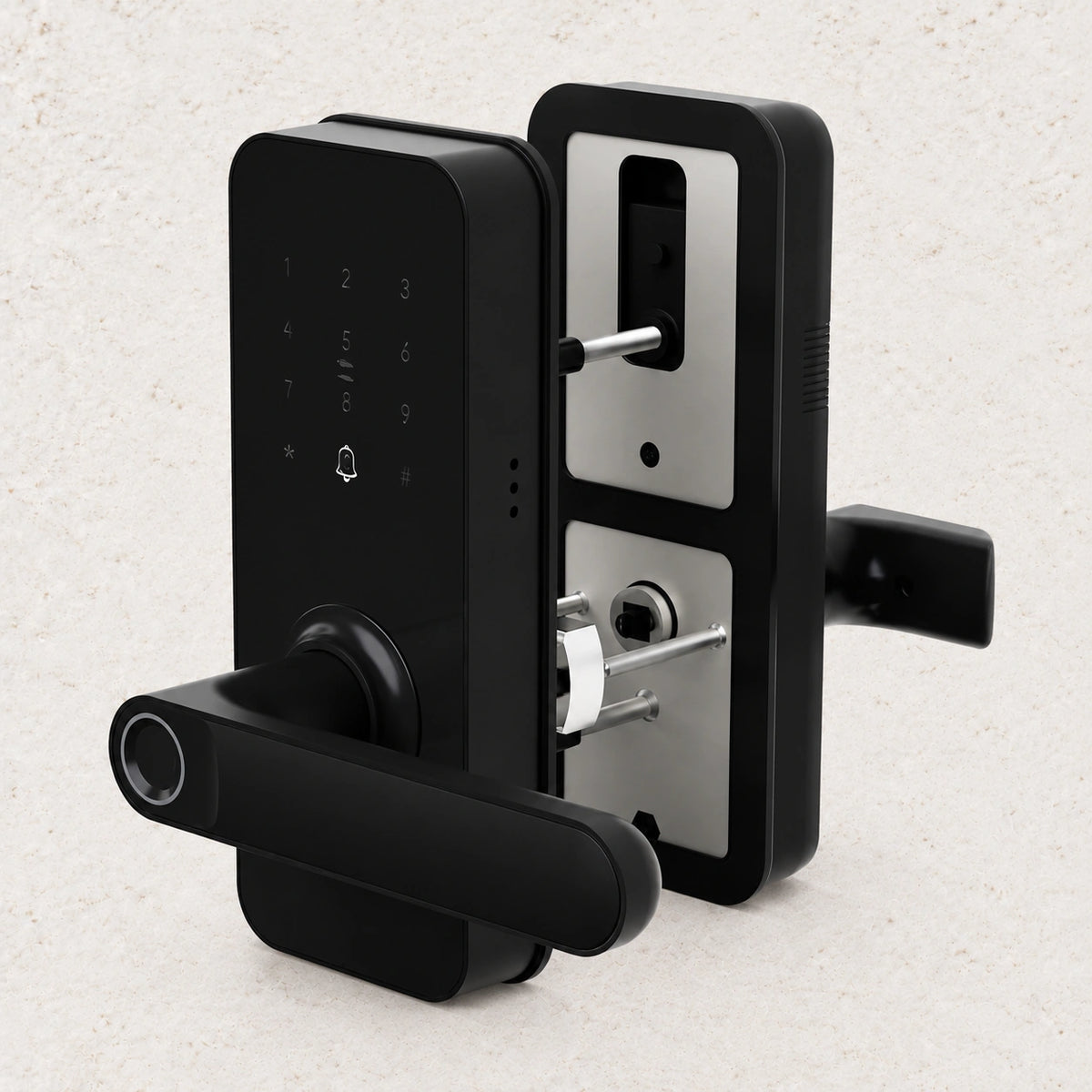 YoLink Smart Lever Lock with Fingerprint — arranged product-only photograph on a subtle white textured surface