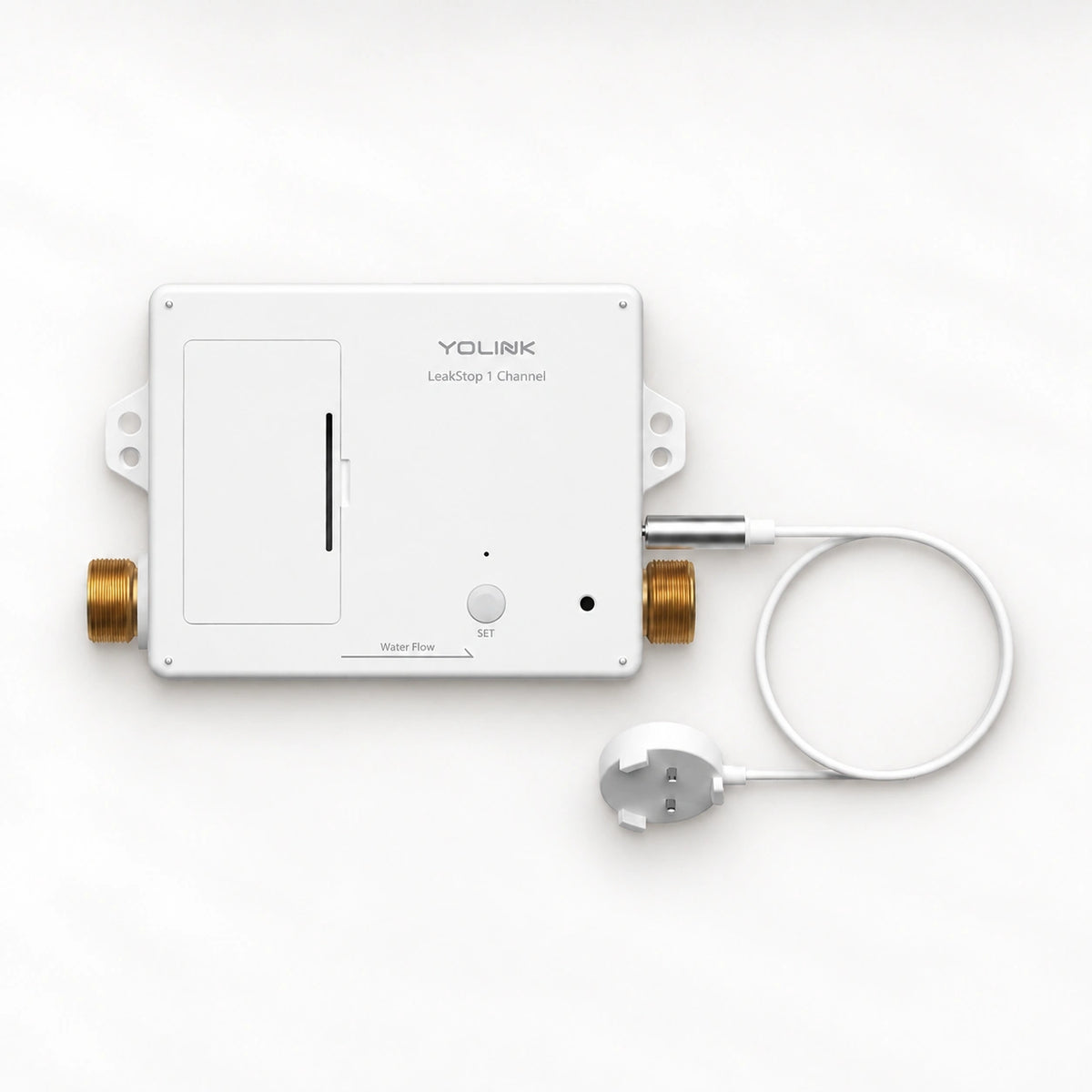 YoLink LeakStop 1-Channel Leak Detector — product-only photograph on smooth neutral off-white with soft diffused daylight shadows