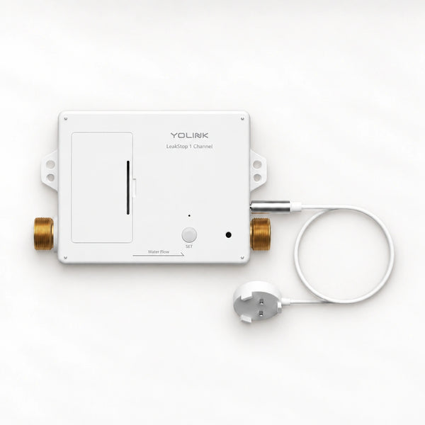 YoLink LeakStop 1-Channel Leak Detector — product-only photograph on smooth neutral off-white with soft diffused daylight shadows