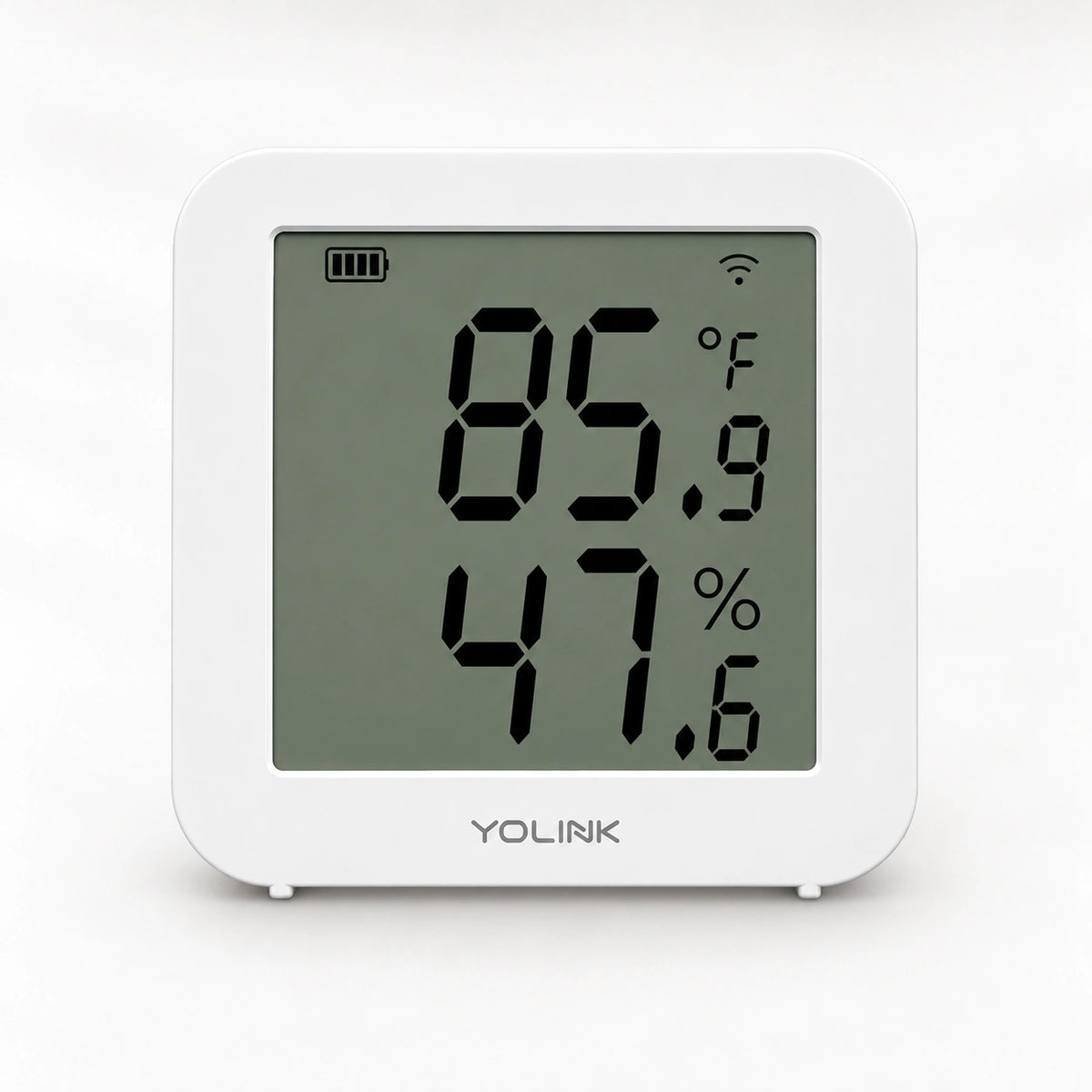 YoLink Indoor Hygrometer Thermometer YS8013 — product-only photograph on smooth neutral off-white with soft diffused daylight shadows