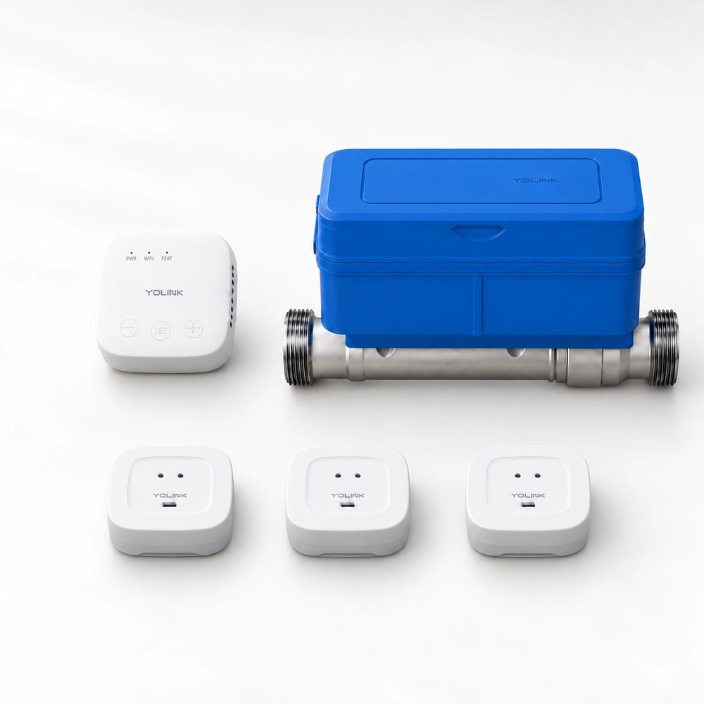 YoLink FlowSmart All-in-One Starter Kit — SpeakerHub + 1-inch Ultrasonic Water Meter + 3 × Water Leak Sensor 4 — arranged main components