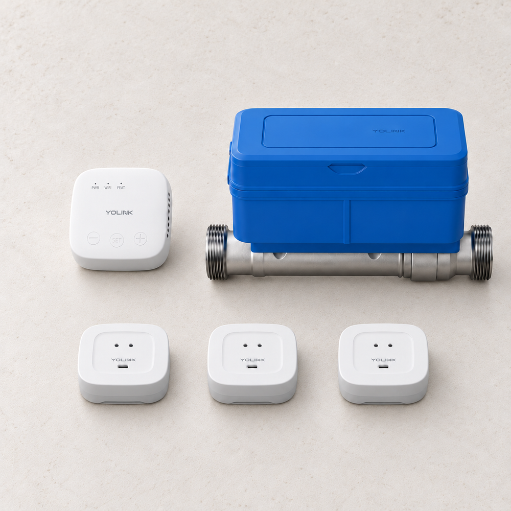 YoLink FlowSmart All-in-One Starter Kit — SpeakerHub + 1-inch Ultrasonic Water Meter + 3 × Water Leak Sensor 4 — arranged main components