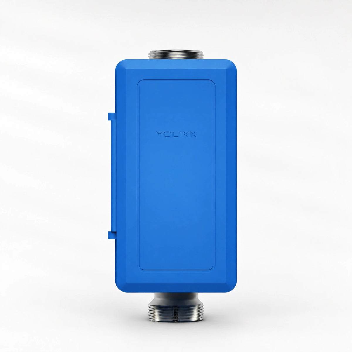YoLink FlowSmart All-in-One Water Meter & Shutoff — product-only photograph on smooth neutral off-white with soft diffused daylight shadows