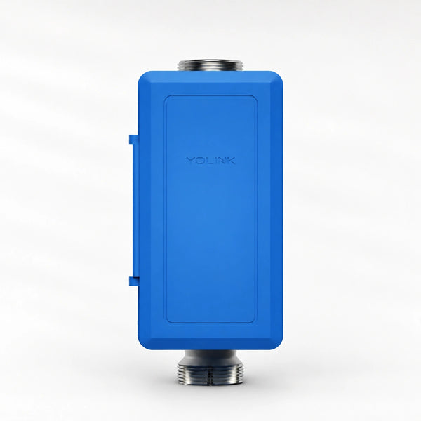 YoLink FlowSmart All-in-One Water Meter & Shutoff — product-only photograph on smooth neutral off-white with soft diffused daylight shadows