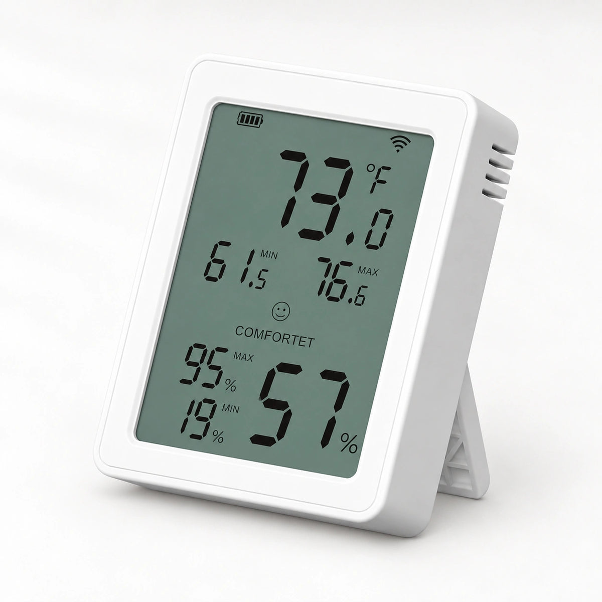 YoLink Indoor Hygrometer Thermometer YS8023 — product-only photograph on smooth neutral off-white with soft diffused daylight shadows