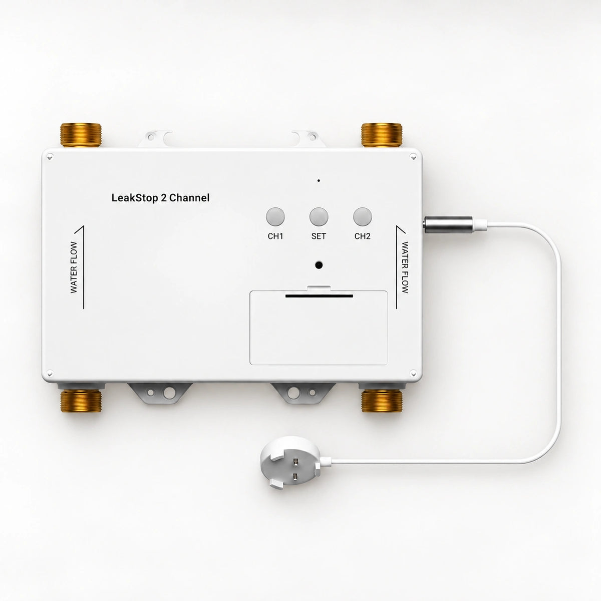 YoLink LeakStop 2-Channel Leak Detector — product-only photograph on smooth neutral off-white with soft diffused daylight shadows