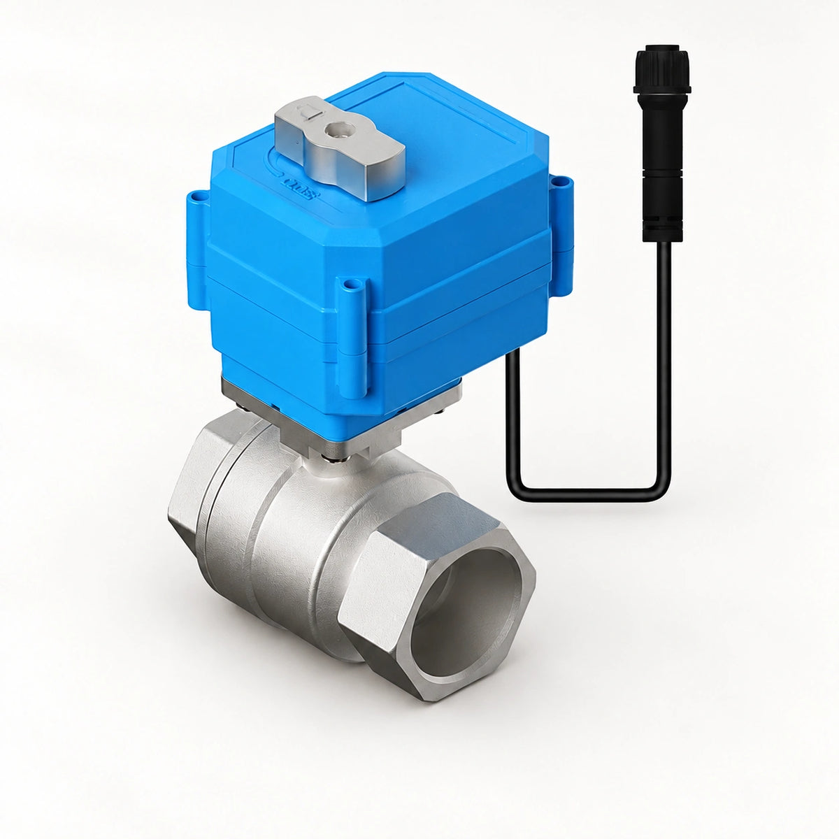 YoLink DN50 Stainless Steel Motorized Valve, 2-inch — product-only photograph on smooth neutral off-white with soft diffused daylight shadows