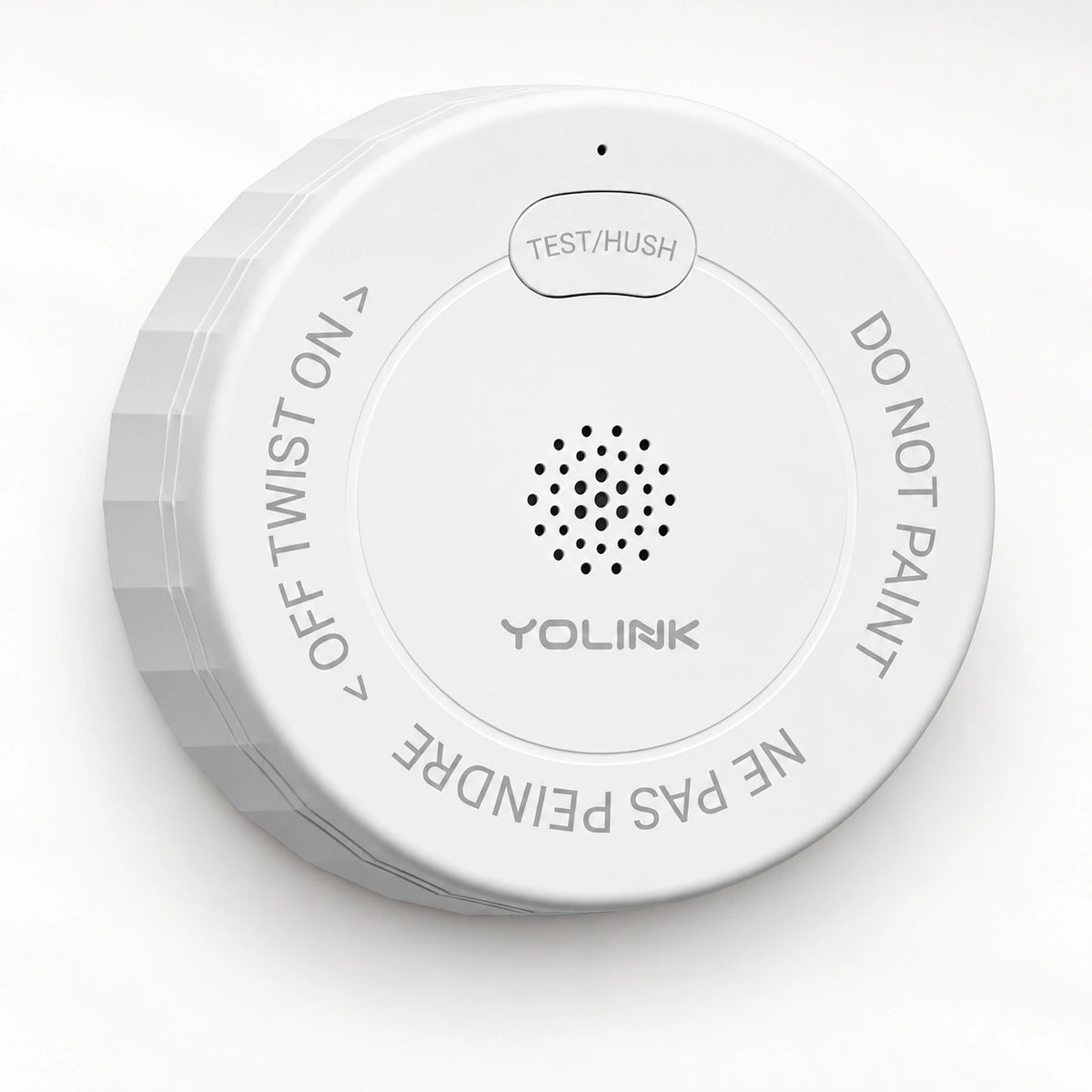 YoLink Photoelectric Smoke Alarm — product-only photograph on smooth neutral off-white with soft diffused daylight shadows