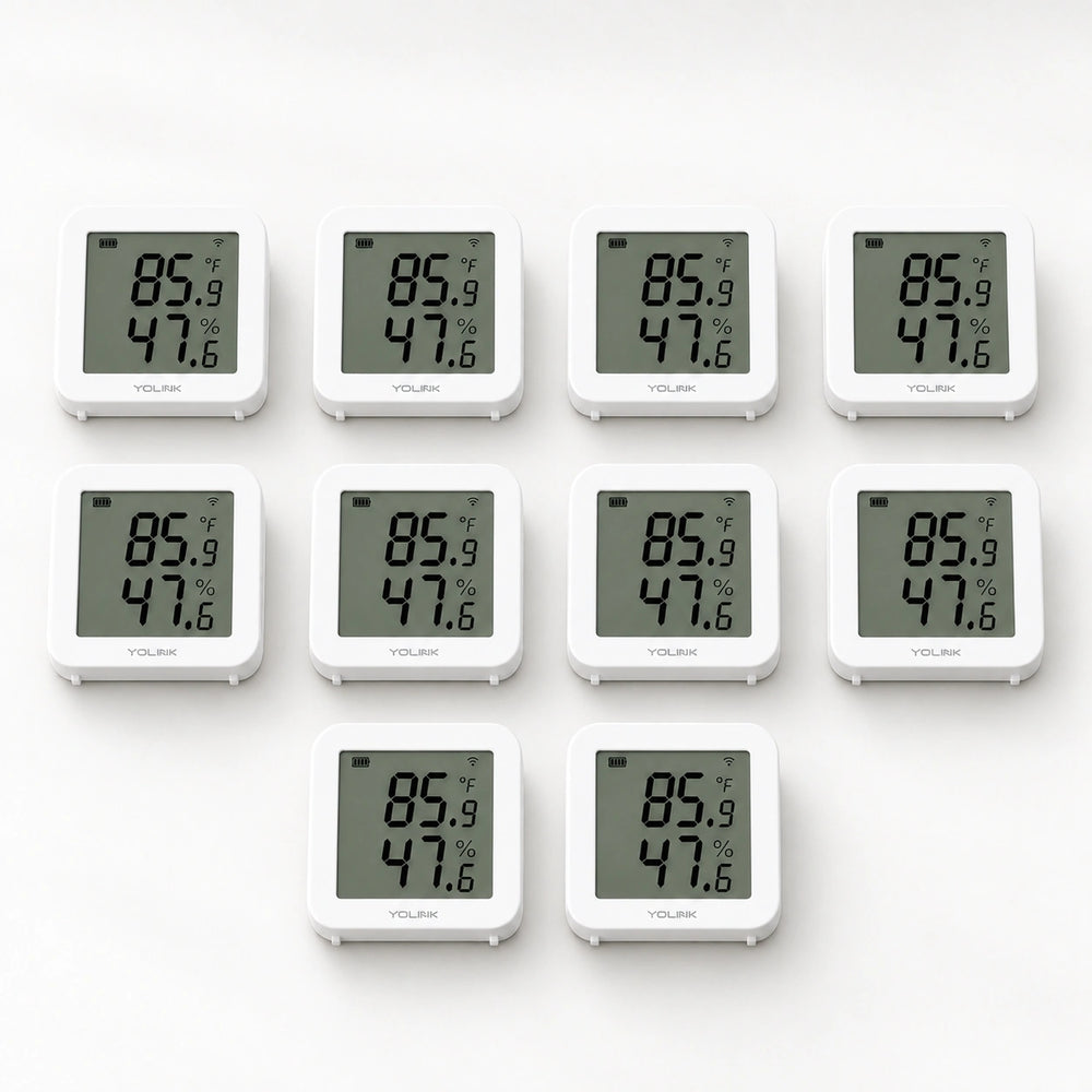 YoLink Indoor Hygrometer Thermometer YS8013, 10-Pack — arranged main components