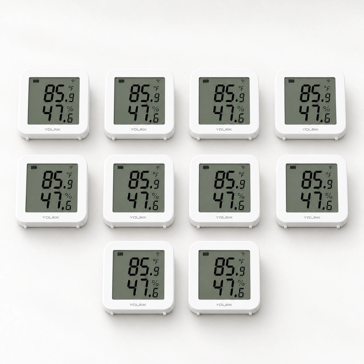 YoLink Indoor Hygrometer Thermometer YS8013, 10-Pack — product-only photograph on smooth neutral off-white with soft diffused daylight shadows