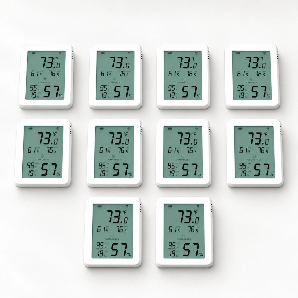 YoLink Indoor Hygrometer Thermometer YS8023, 10-Pack — arranged main components