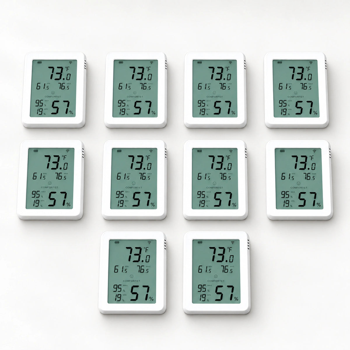 YoLink Indoor Hygrometer Thermometer YS8023, 10-Pack — product-only photograph on smooth neutral off-white with soft diffused daylight shadows