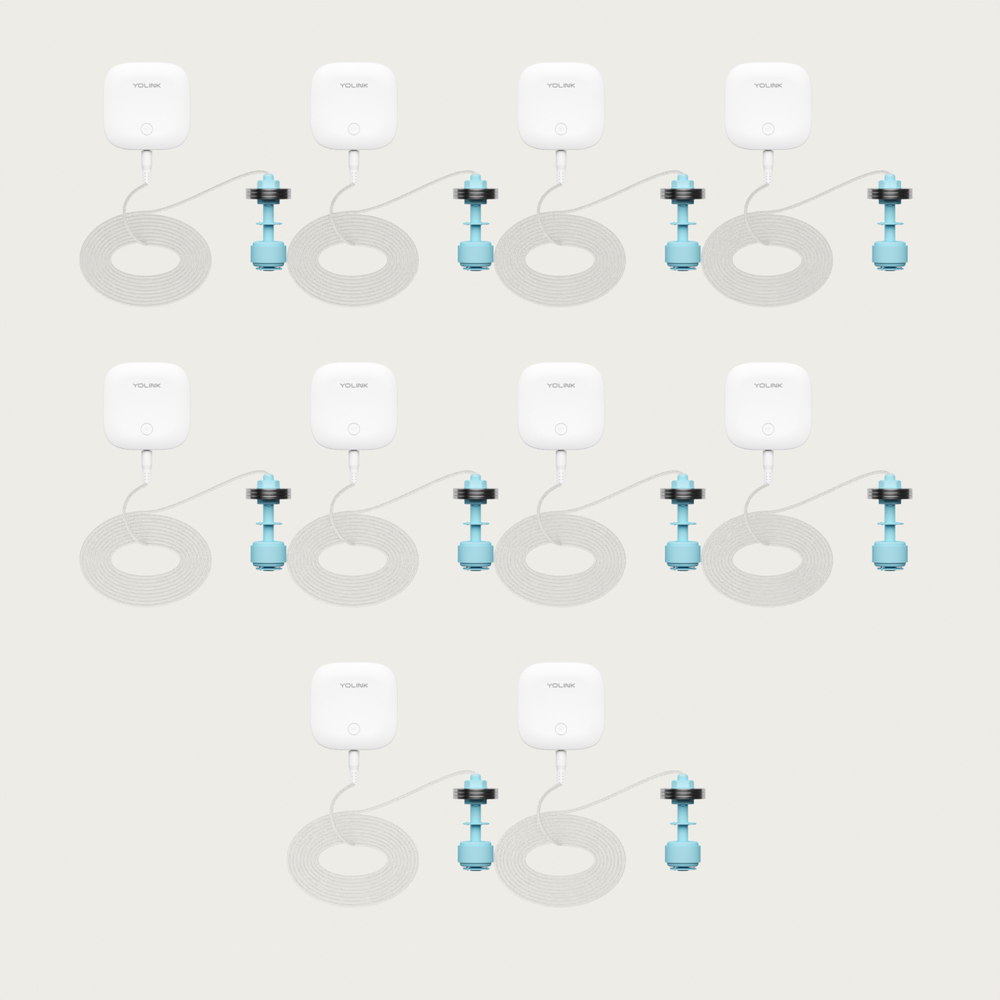 YoLink Water Level Sensor with Float Switch, 10-Pack — arranged main components