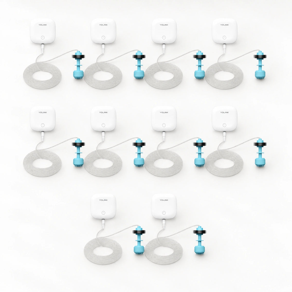 YoLink Water Level Sensor with Float Switch, 10-Pack — product-only photograph on smooth neutral off-white with soft diffused daylight shadows