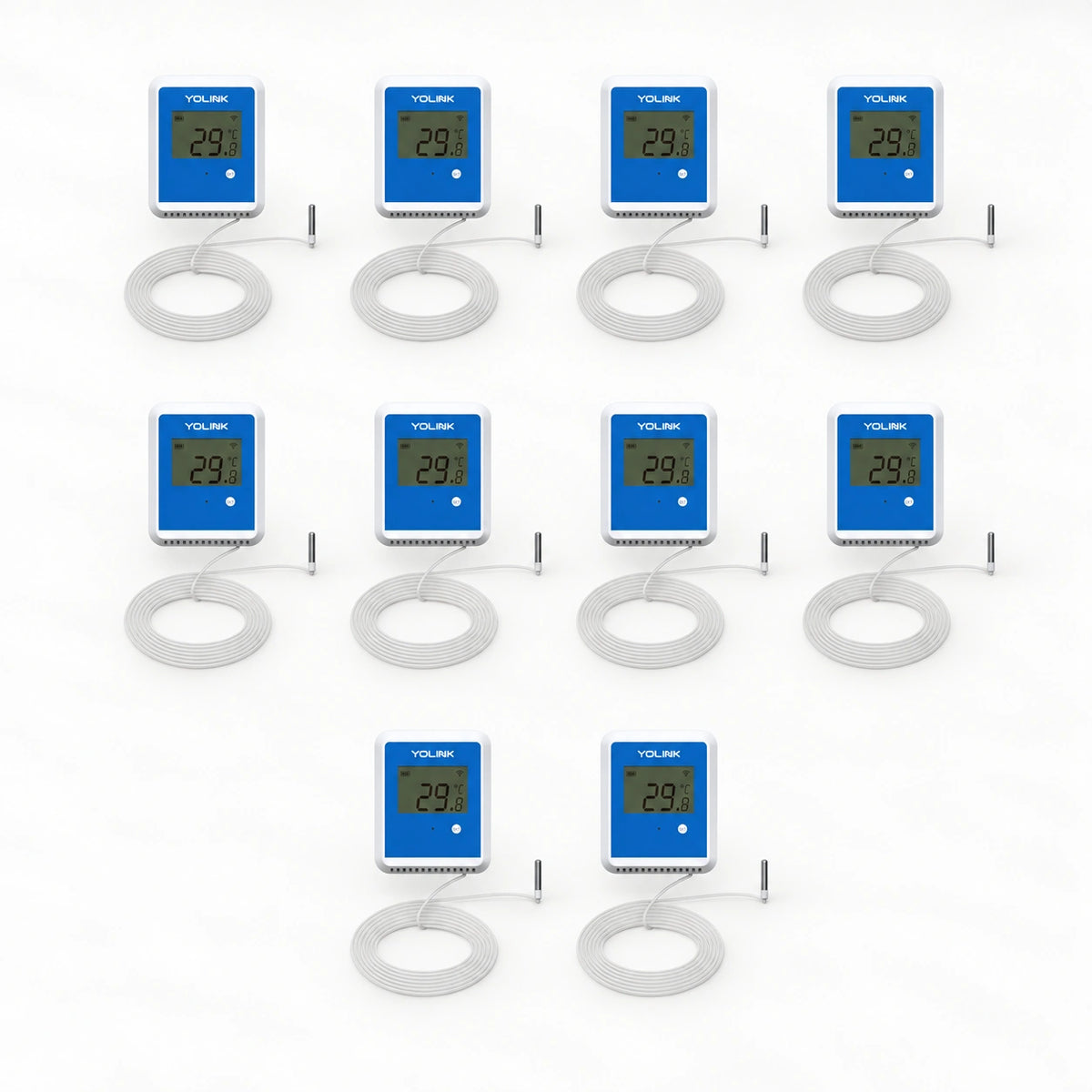 YoLink X3 Outdoor Temperature Sensor, 10-Pack — product-only photograph on smooth neutral off-white with soft diffused daylight shadows