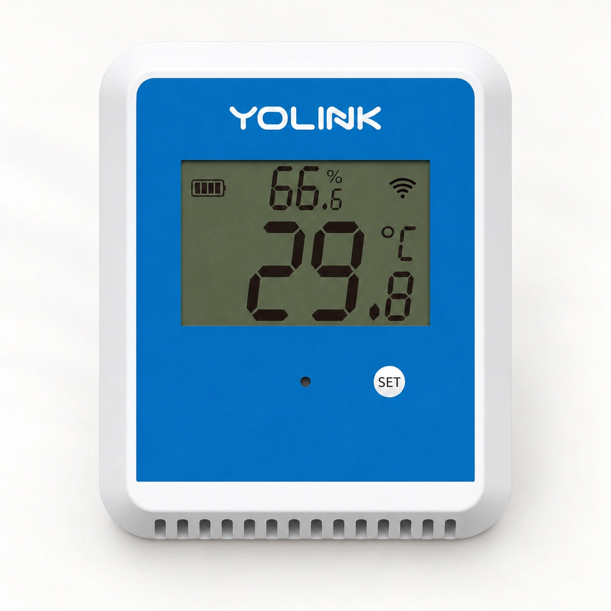 YoLink Sidewalk Outdoor Temperature & Humidity Sensor — product-only photograph on smooth neutral off-white with soft diffused daylight shadows