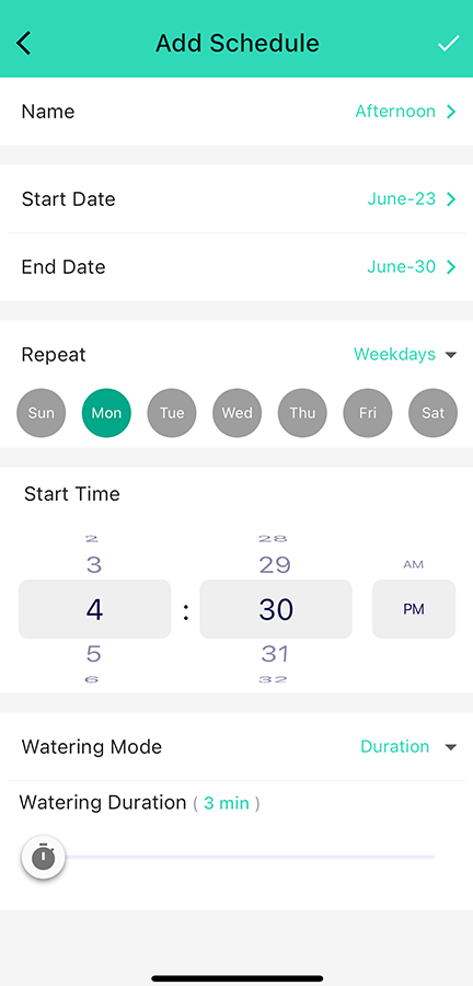 YoLink app: Add Schedule form with dates, weekdays, start time, watering mode and duration.