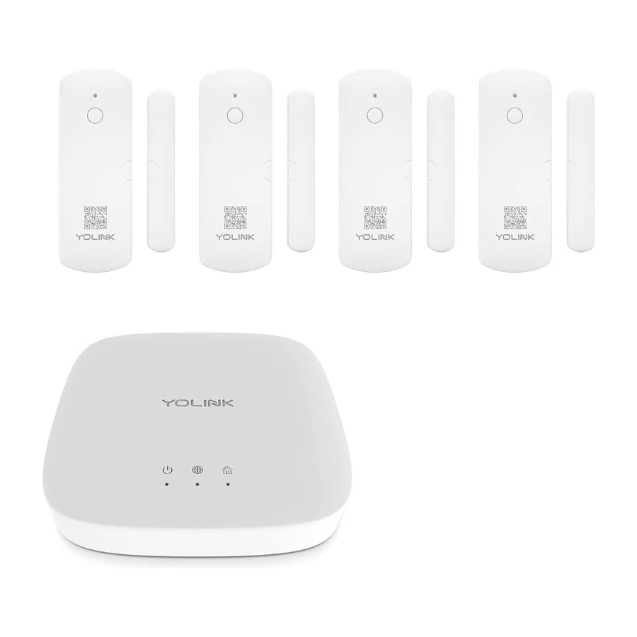 YoLink starter kit with four door and window sensors, four matching magnets, and a YoLink Hub.