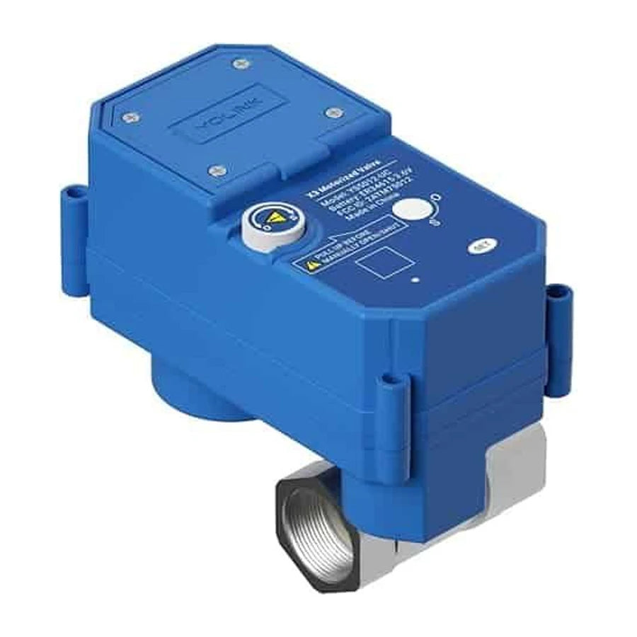 YoLink X3 commercial motorized ball valve with a blue actuator and a 3/4-inch stainless steel valve body.
