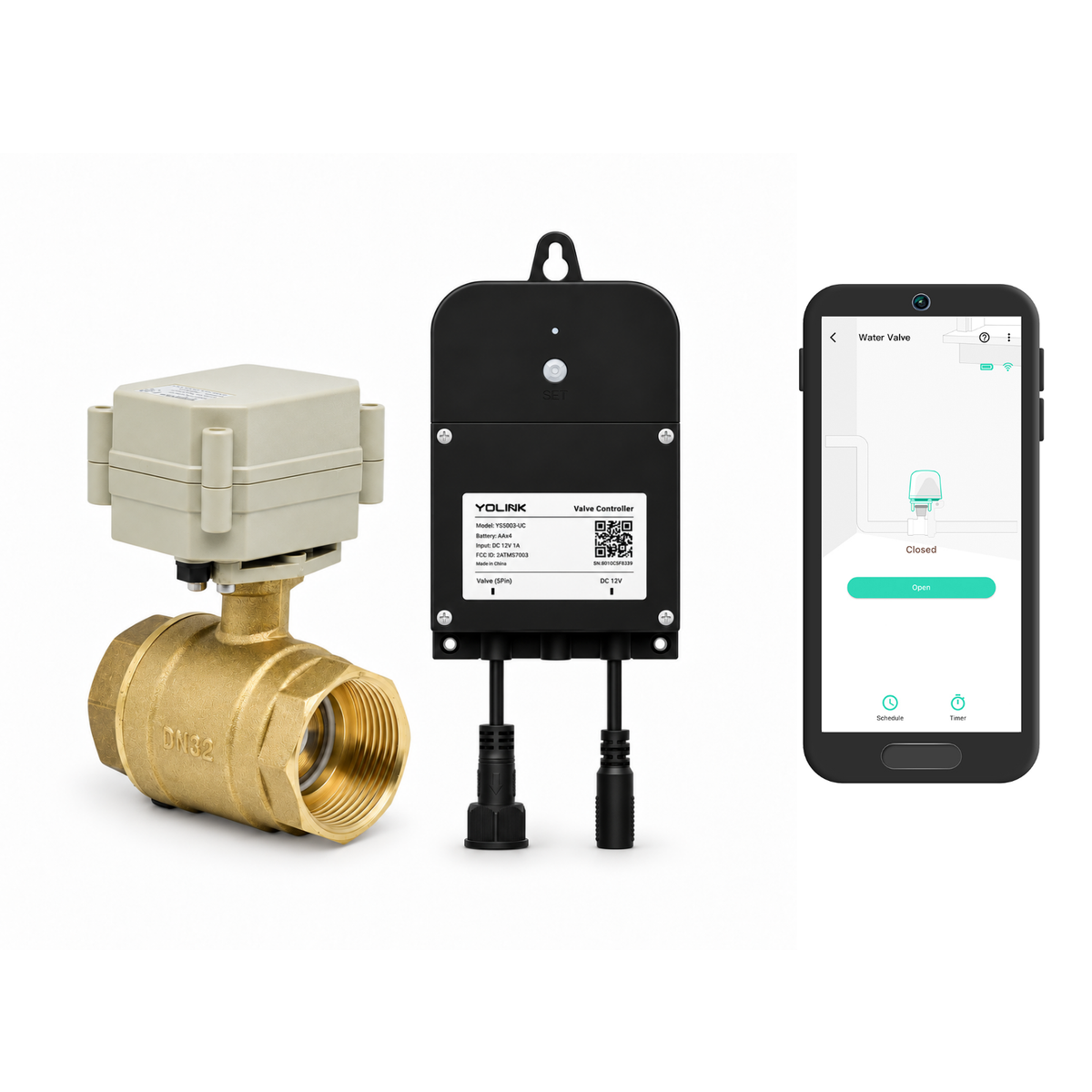 YoLink DN32 brass motorized valve and YS5003 controller with YoLink app control illustration; phone not included