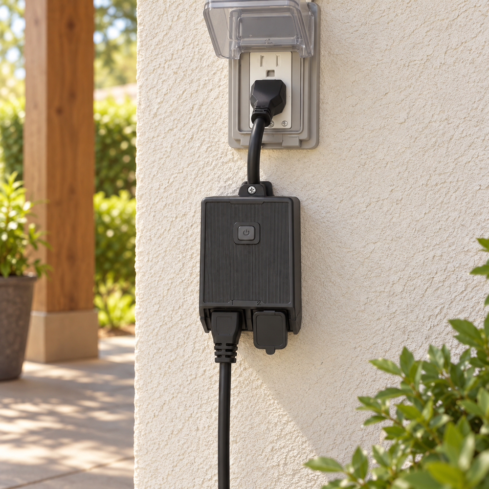 YoLink Outdoor Plug with Two Independent Outlets in a natural home setting
