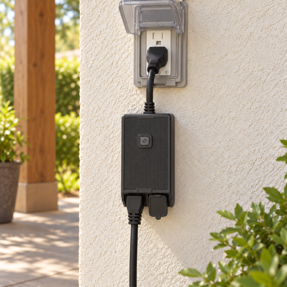 YoLink Outdoor Plug with Two Independent Outlets in a natural home setting