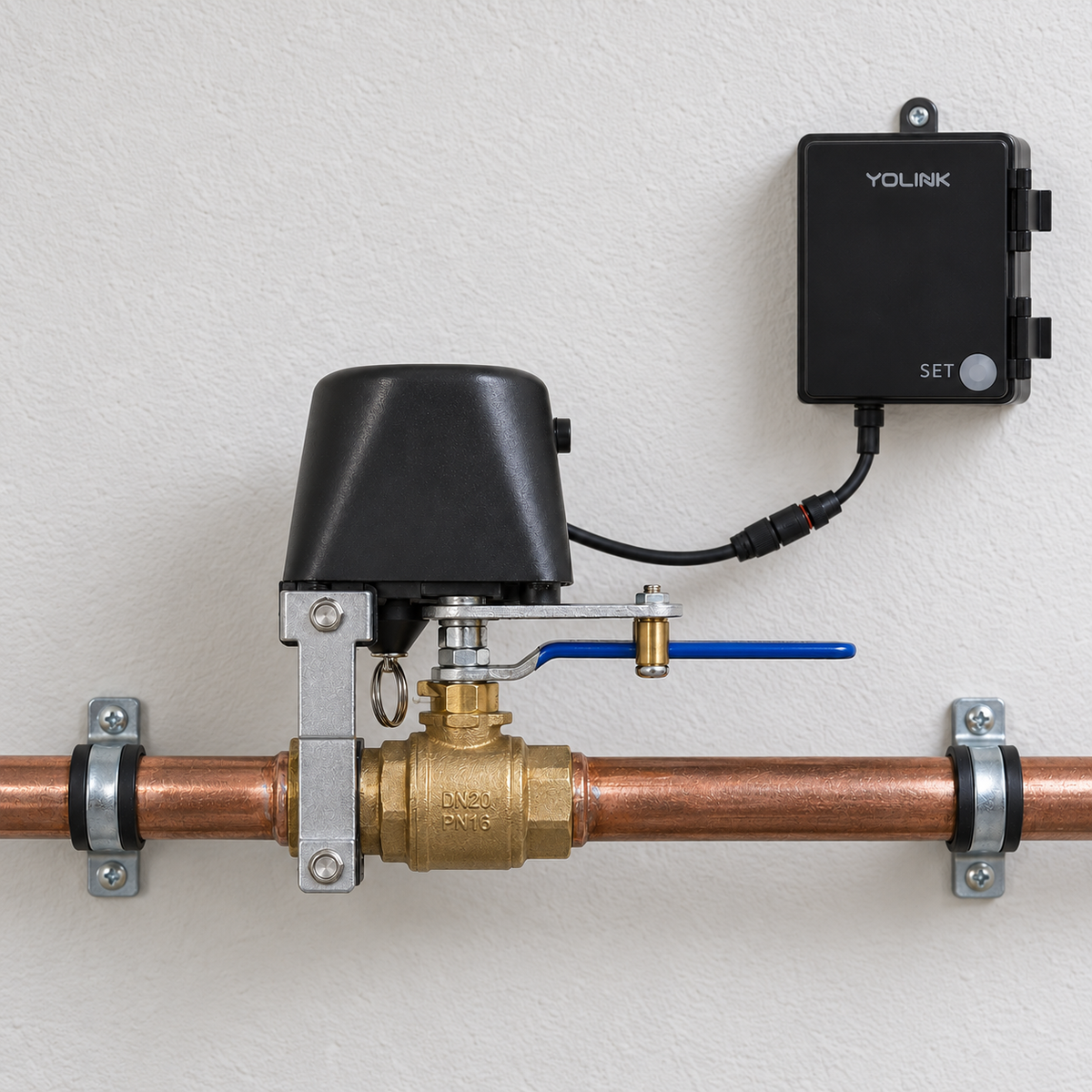 YoLink Water Valve Controller Kit with Ball Valve Manipulator in a clean utility setting
