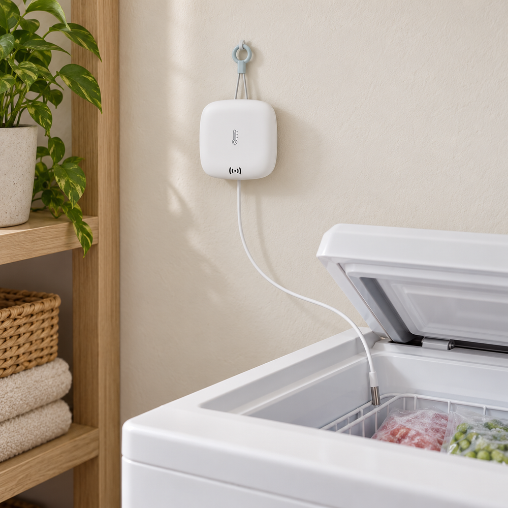 YoLink Weatherproof Temperature Sensor with Probe in a natural home setting