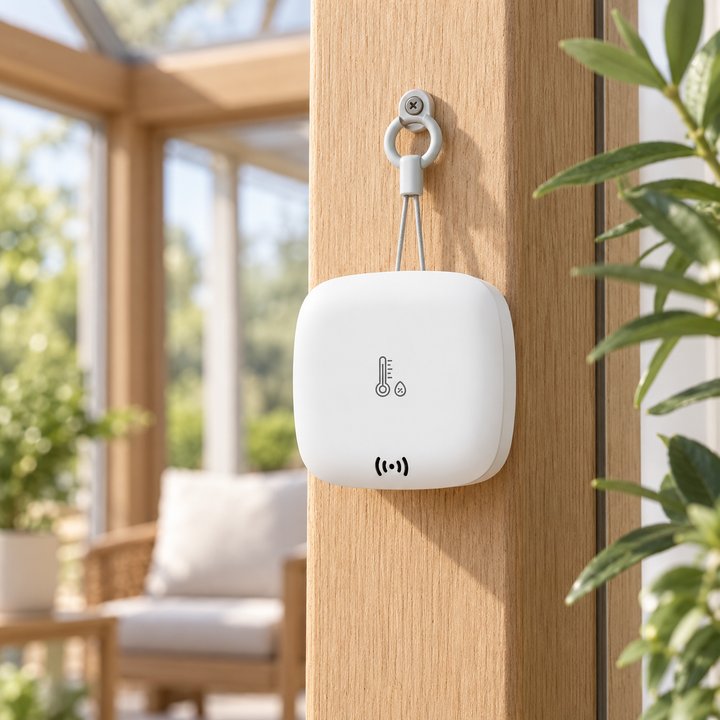 YoLink Weatherproof Temperature & Humidity Sensor in a natural home setting