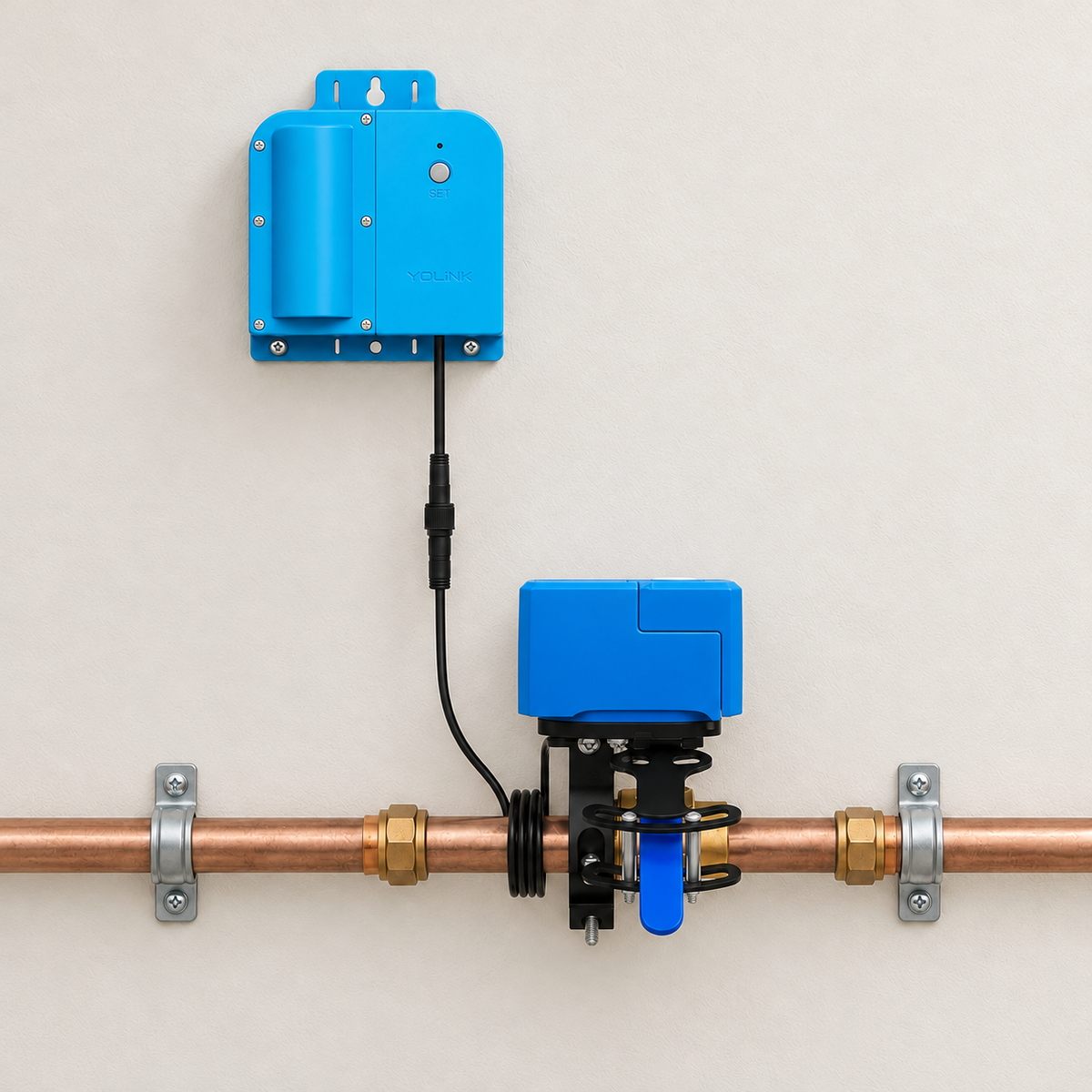 YoLink controller and valve assembly photographed from one consistent front view