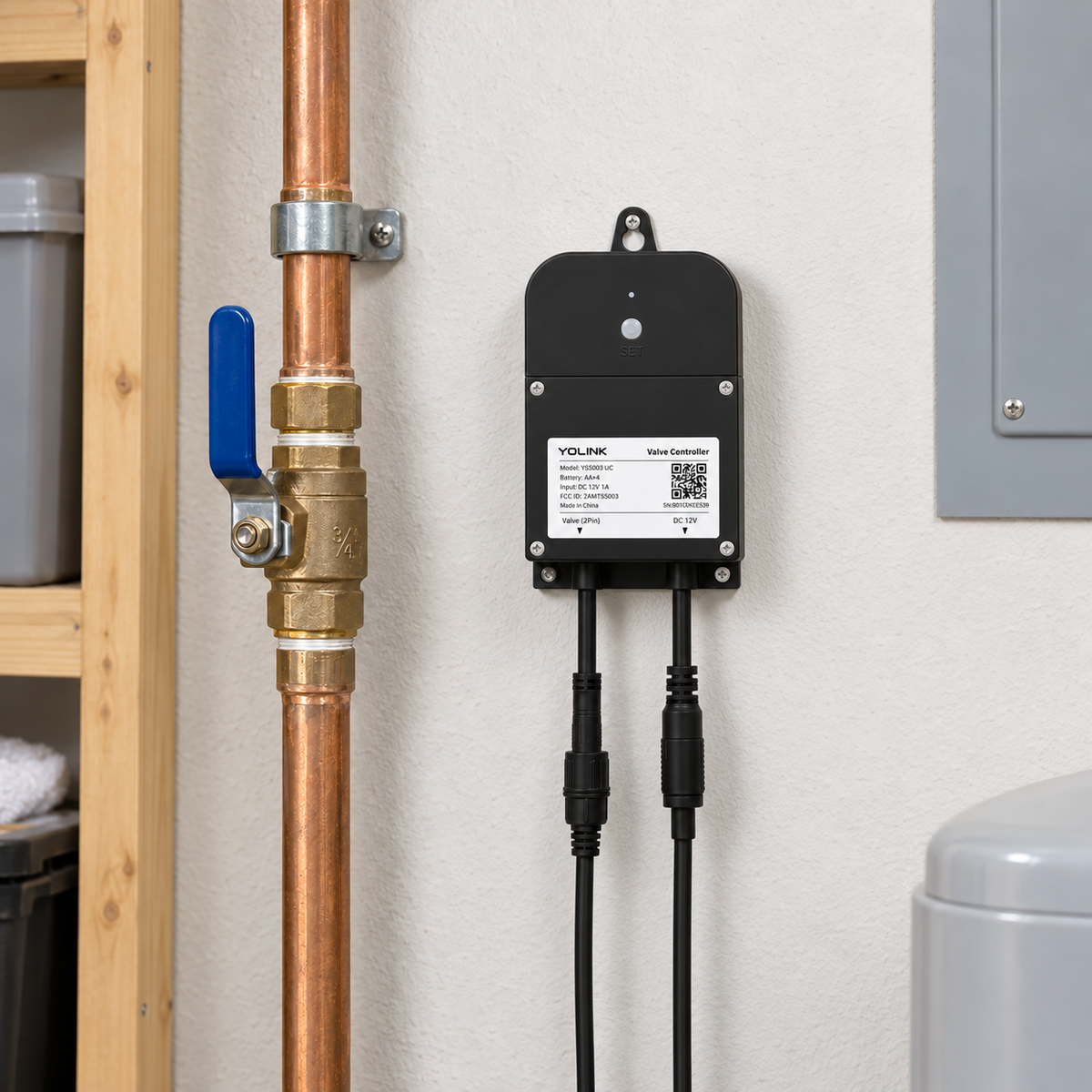 YoLink Water Valve Controller 2 at realistic scale beside copper water plumbing