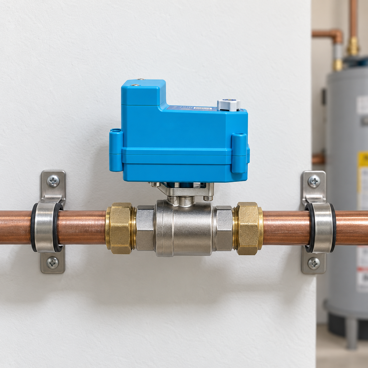 YoLink Smart Stainless Steel Motorized Valve aligned with straight horizontal plumbing