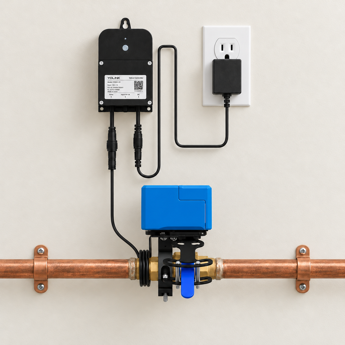 YoLink controller and valve assembly photographed from one consistent front view