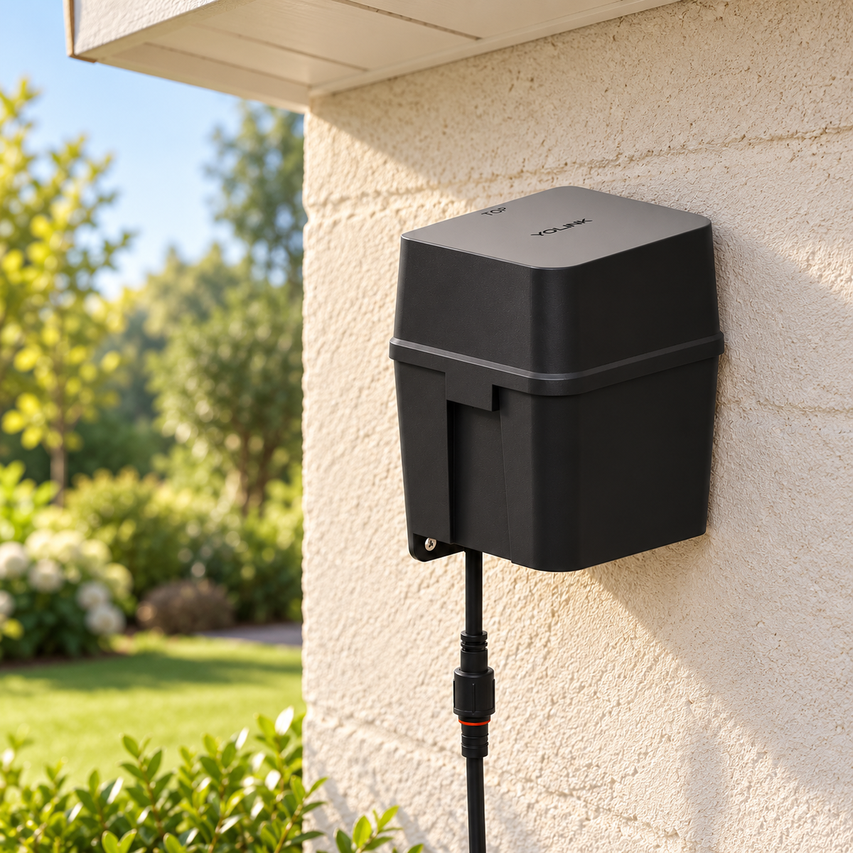 YoLink Outdoor Alarm Controller 2 mounted on an exterior wall beneath an eave