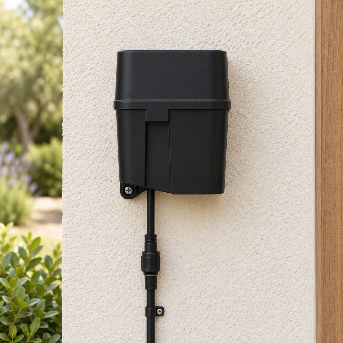 YoLink Outdoor Alarm Controller 2 mounted outdoors with connected cable