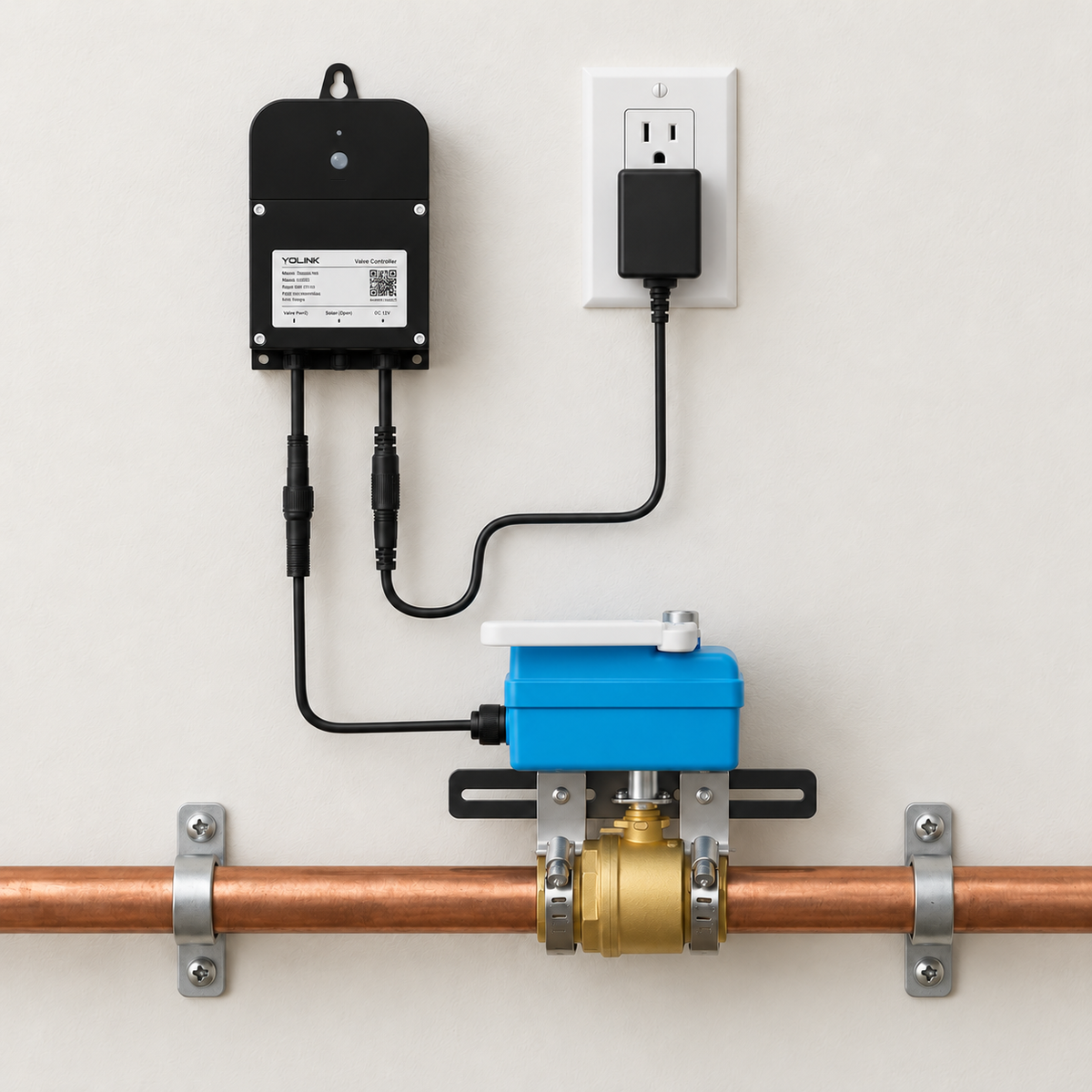 YoLink controller and valve assembly photographed from one consistent front view